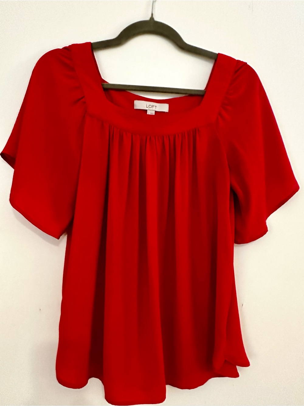 LOFT Red Square Neck Flutter Sleeve Top